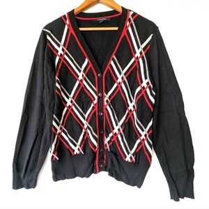 CHADWICK'S red & black argyle diamond v-neck cardigan sweater vintage 90s style